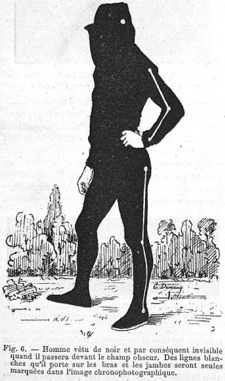 Homme vêtu de noir, des bandes blanches le long du bras et de la jambe, posant pour une chronophotographie