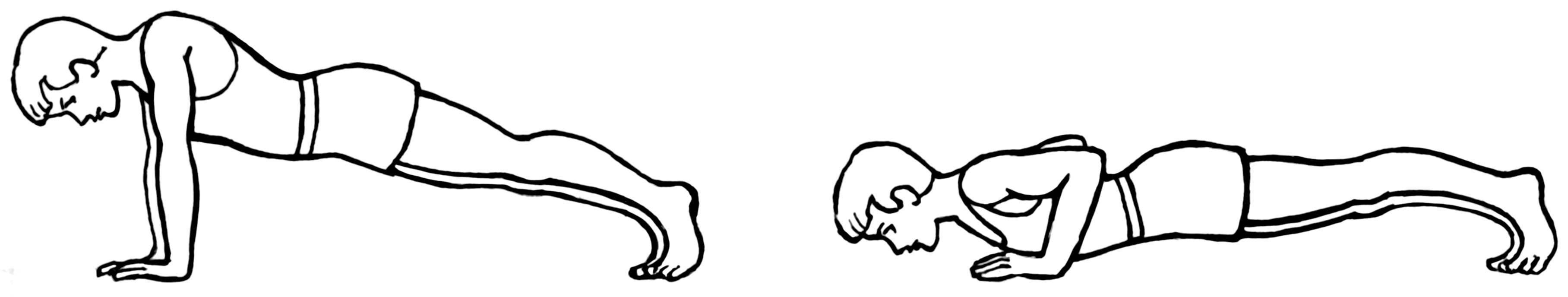 Dessin au trait d’une pompe en deux temps : bras tendus, puis poitrine près du sol